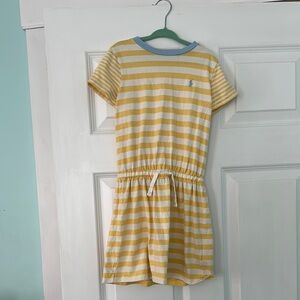 Yellow and White Striped Dress with Blue Trim